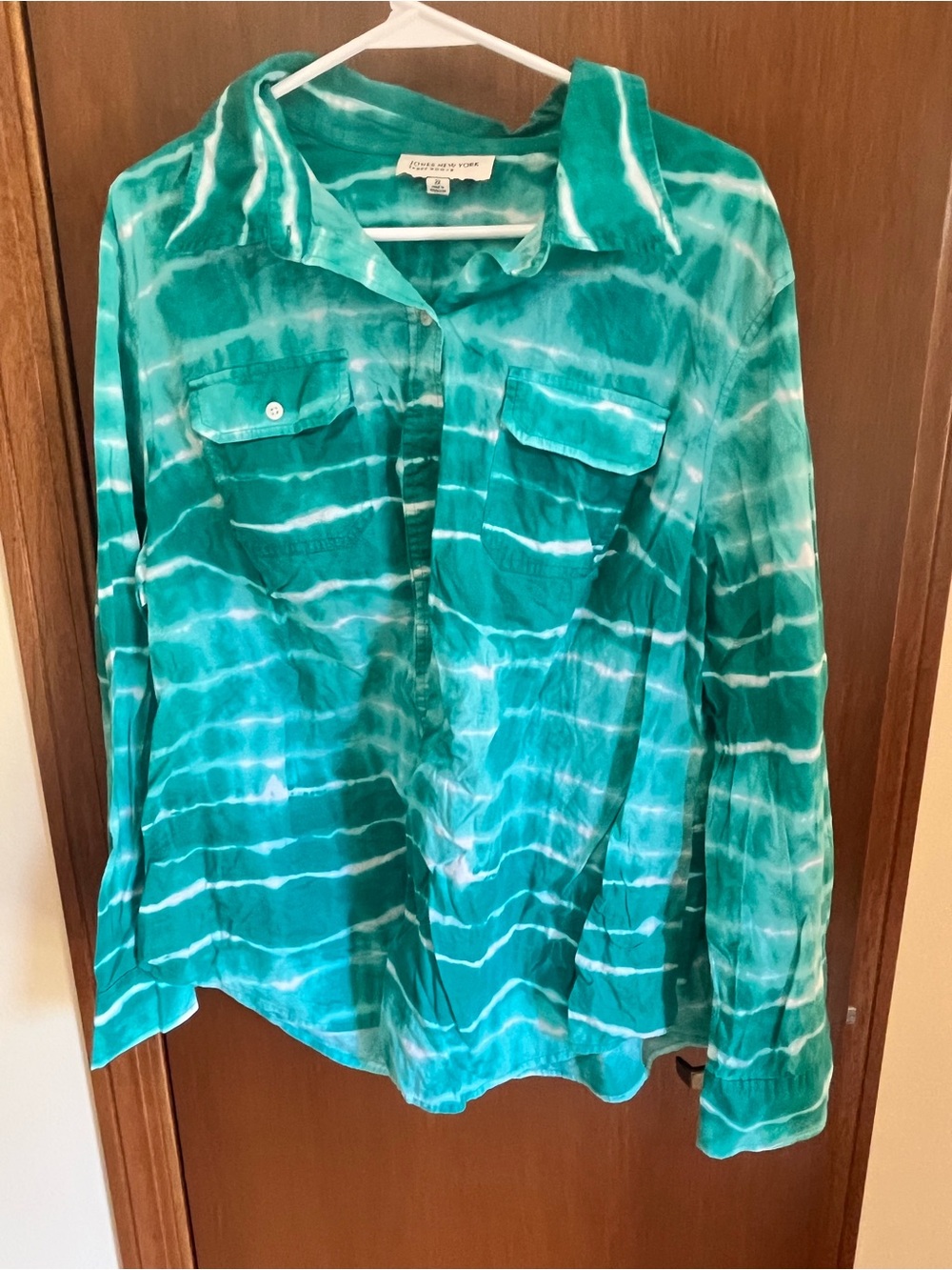 Jones New York Teal Tie-Dye Button Down Shirt